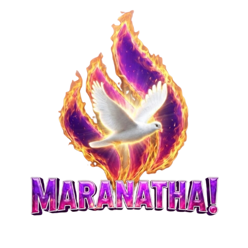 Maranatha logo — a white dove flying through a purple and orange flame